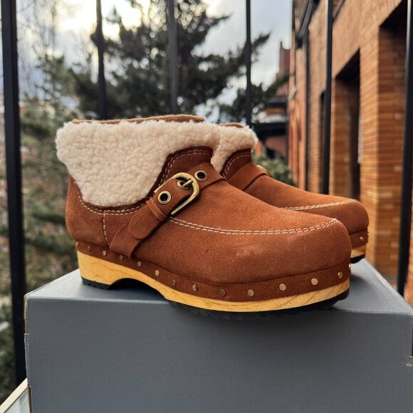 New Free People Oak Clog Boots Brown Suede Buckle Cream Sherpa Platform Shoes - Picture 3 of 14
